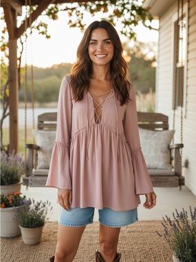 Tobi Dusty Pink Lace-Up Bell Sleeve Mini Dress Boho Blouse | Size M